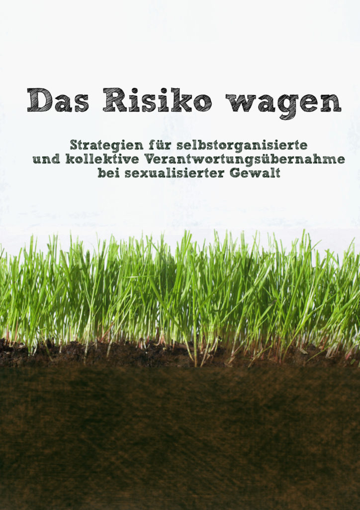 Bild von grünen Gras und das braun Boden darunter mit dem Text: "Das Risiko wagen. Strategien für selbstorganisierte und kollektive Verantowrtungsübernahme bei sexualisierter Gewalt"