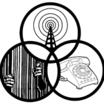 This image has drawings inside of three circles. In one circle are hands coming out of and holding prison bars. In another circle is a radio tower emitting radio waves. In the third circle there is a rotary phone.